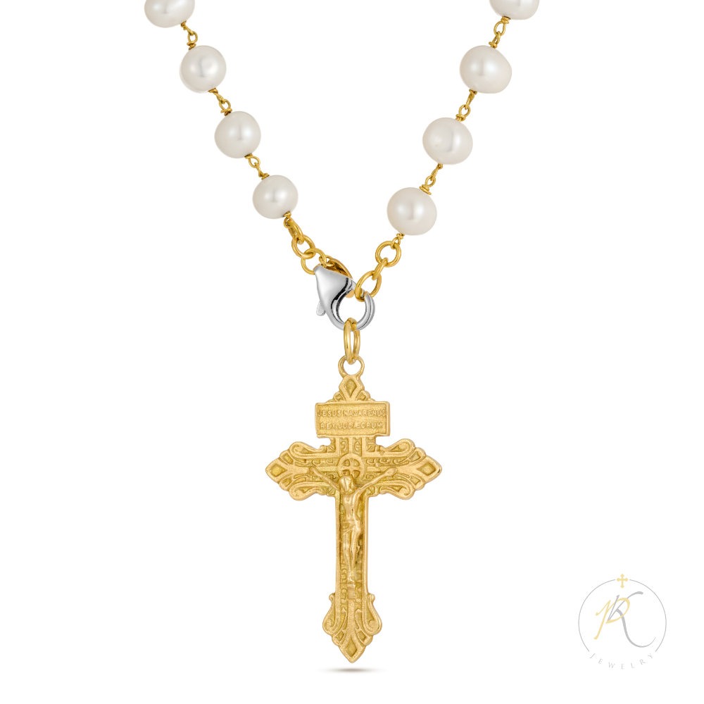18K Gold & Fresh Water Pearls Necklace - Cross - 925 Silver Clasp image 0