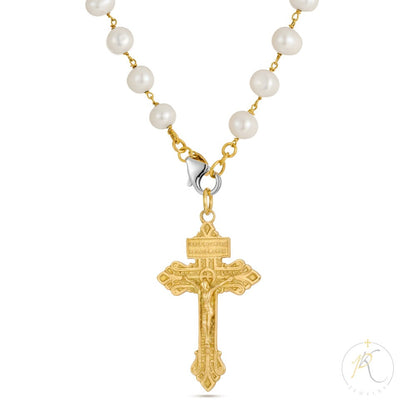 18K Gold & Fresh Water Pearls Necklace - Cross - 925 Silver Clasp image 0