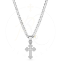 925 sterling silver IC XC Orthodox Cross Necklace with budded trefoil cross pendant, IC XC Christogram, crown detail, and Italian Mariner link chain. Crafted in Italy by PK Jewels.