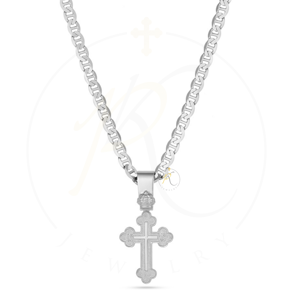925 sterling silver IC XC Orthodox Cross Necklace with budded trefoil cross pendant, IC XC Christogram, crown detail, and Italian Mariner link chain. Crafted in Italy by PK Jewels.
