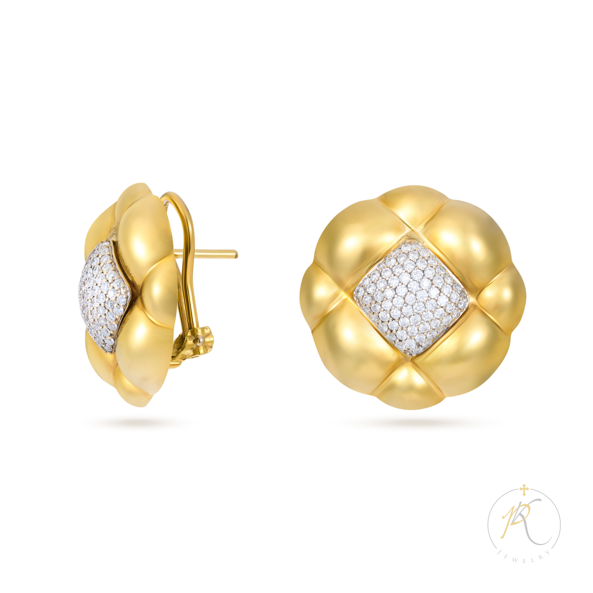 18K Vintage Flower Look Round Clip Earrings & Pave' Diamonds image 0
