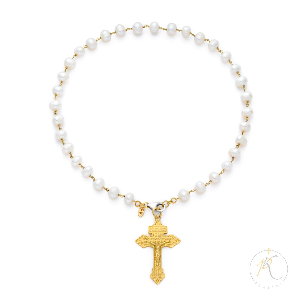 18K Gold & Fresh Water Pearls Necklace - Cross - 925 Silver Clasp image 1