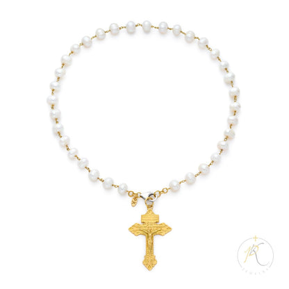 18K Gold & Fresh Water Pearls Necklace - Cross - 925 Silver Clasp image 1