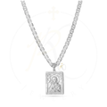 Sterling silver Theotokos of Vladimir icon necklace with rectangular Mother and Child pendant, ancient prayer border inscription, and Italian mariner link chain.