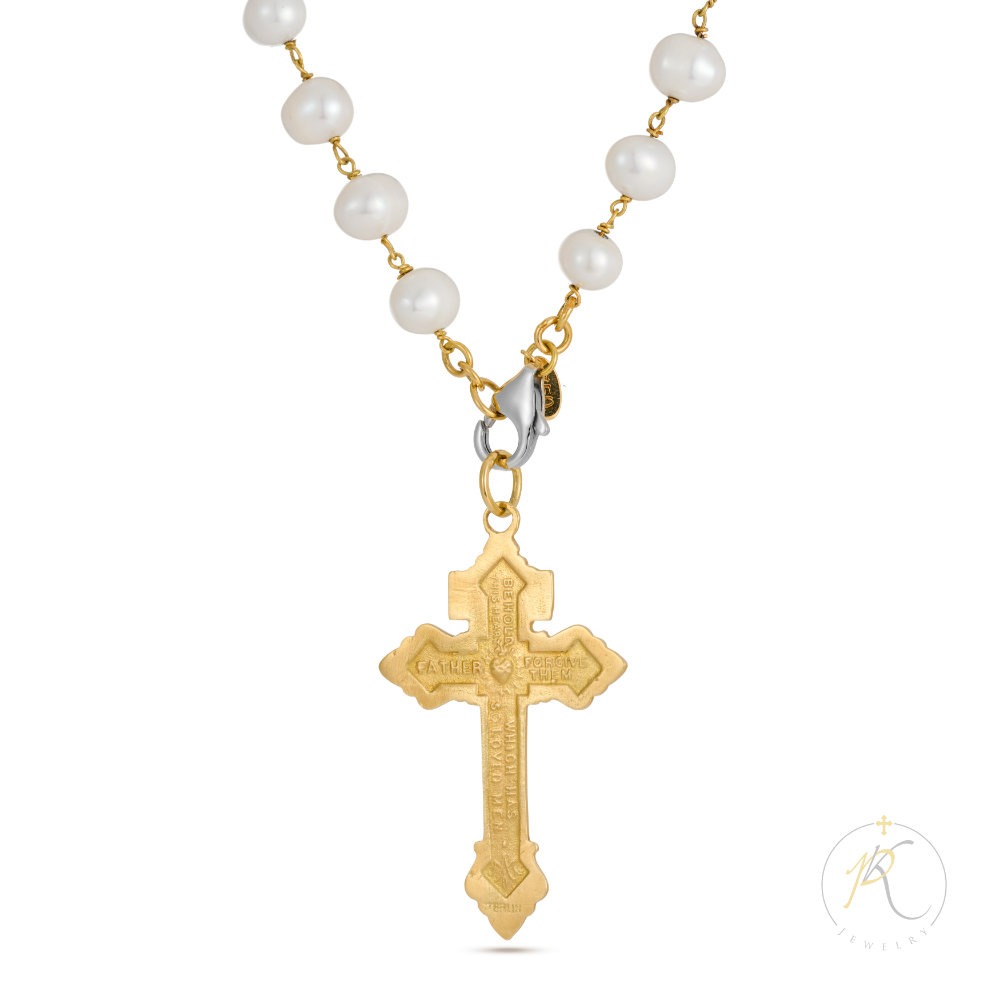 18K Gold & Fresh Water Pearls Necklace - Cross - 925 Silver Clasp image 2