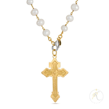 18K Gold & Fresh Water Pearls Necklace - Cross - 925 Silver Clasp image 2